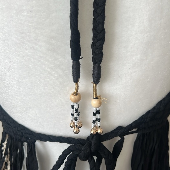 NWT POL Black Macrame Fringe Halter Top Back Ties Beaded Trim Size Small - Picture 6 of 9